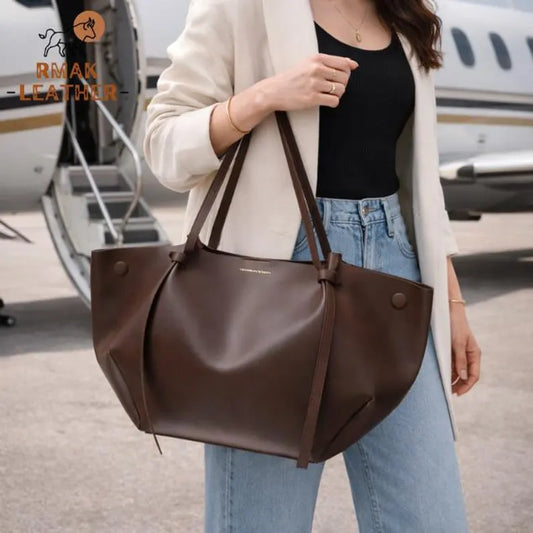 Handmade Dark Brown Leather Tote Bag, Minimalist Structured Work Purse